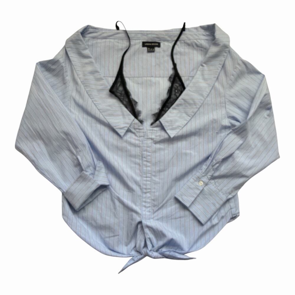 Urban Revivo Layered Shirt Size 10 Blue Pinstripe Black Lace Detail Off Shoulder - Picture 10 of 11